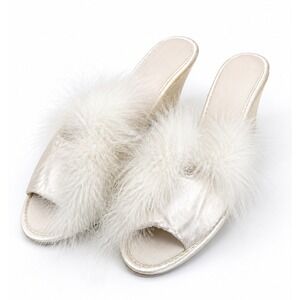 VTG NOS Marabou Feather Mules Satin Heels Made in USA Bridal Ivory Y2K Size 8 9